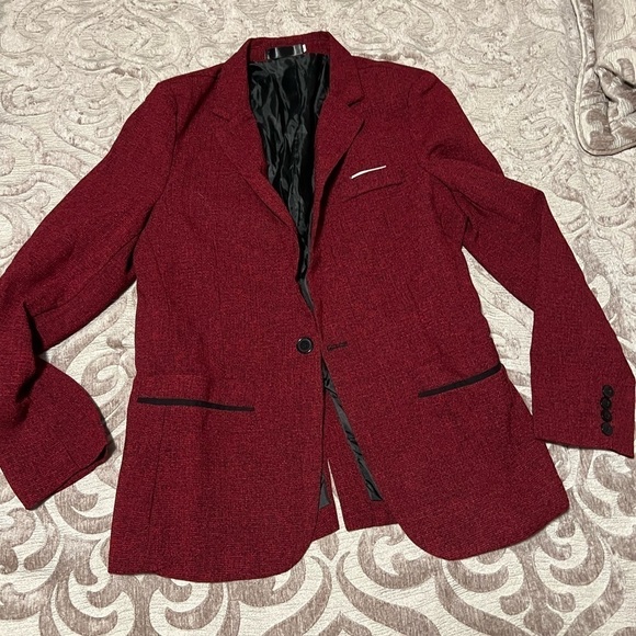 Women's Tweed Herringbone Blazer Jacket - Wine Red Classic Vintage, Size L - Picture 3 of 10